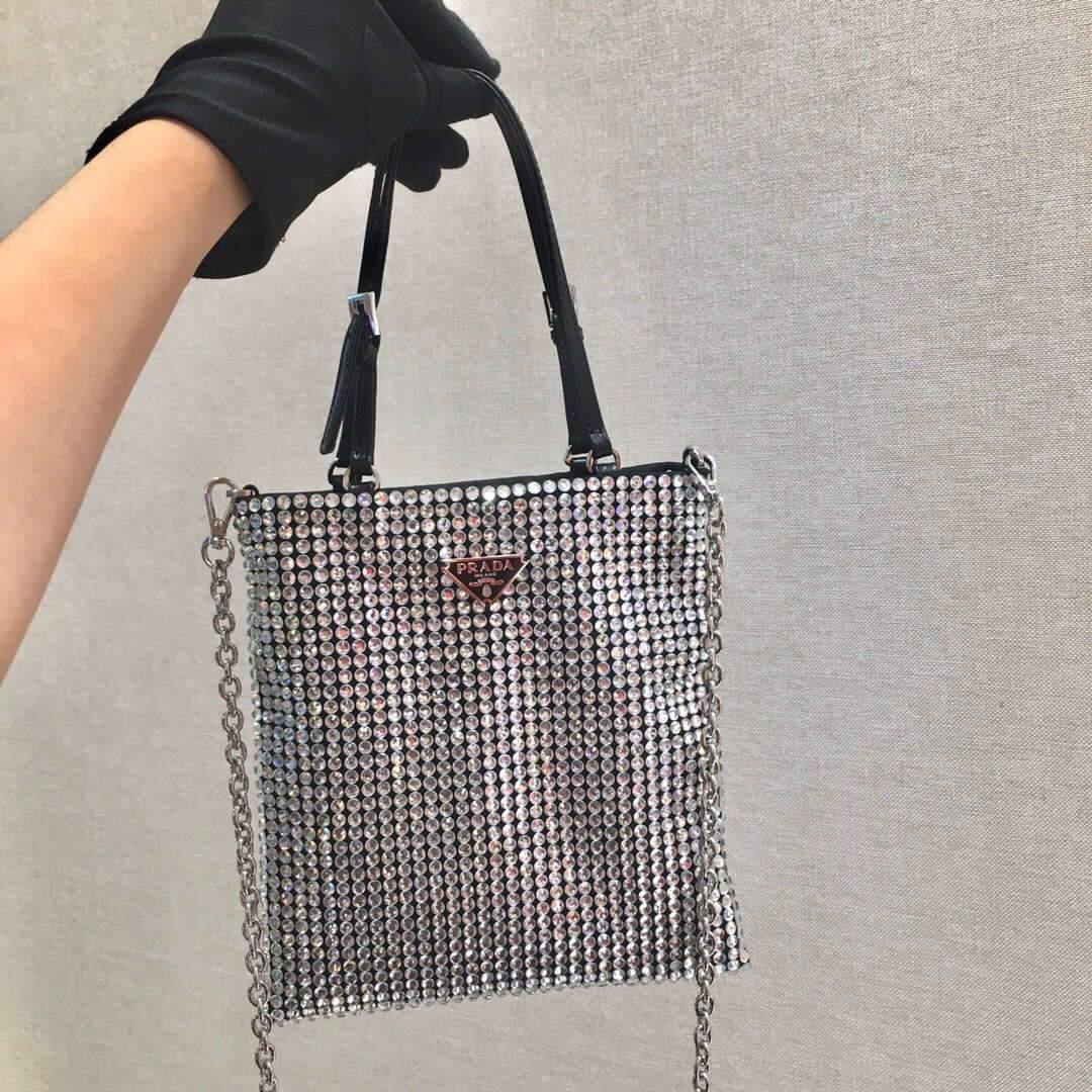 Prada 1N6608 Rhinestone chain Handbag Silver - luxibagsmall