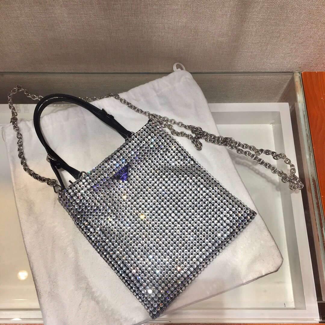 Prada 1N6608 Rhinestone chain Handbag Silver - luxibagsmall