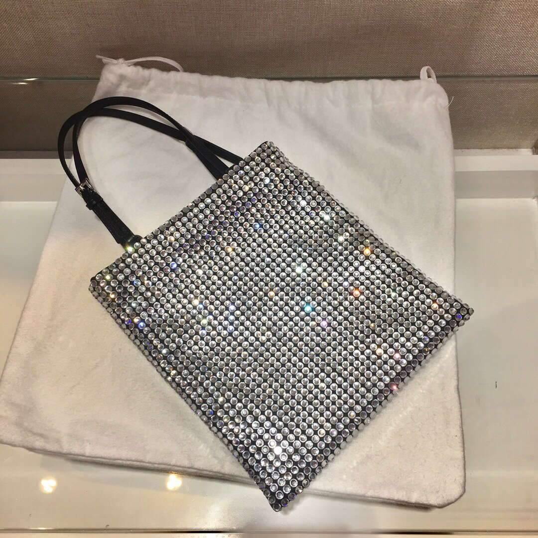 Prada 1N6608 Rhinestone chain Handbag Silver - luxibagsmall