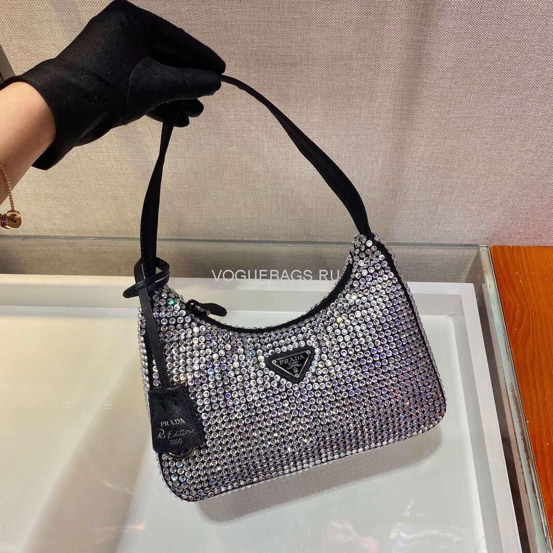 Prada 1NE515 Prada Hobo Diamond Mini Shoulder Bag Sliver - luxibagsmall