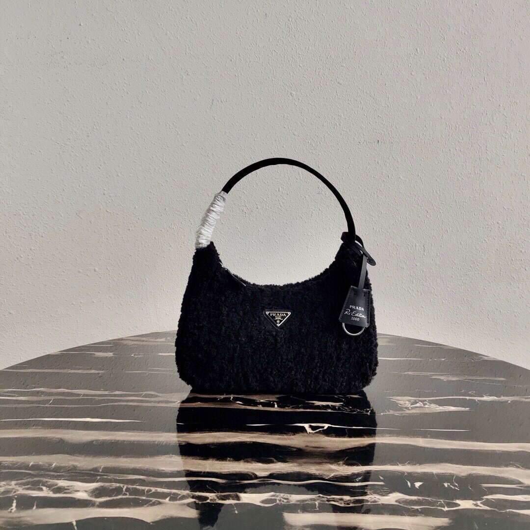 Prada 1NE515 Re Edition 2000 Shearling Mini Bag Black - luxibagsmall