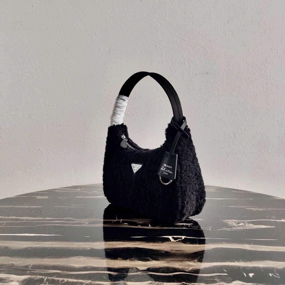 Prada 1NE515 Re Edition 2000 Shearling Mini Bag Black - luxibagsmall