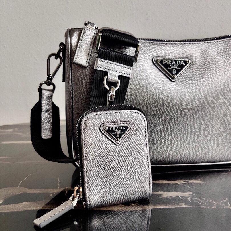 Prada 2VH113 Saffiano Leather Shoulder Bag in Sliver Grey - luxibagsmall