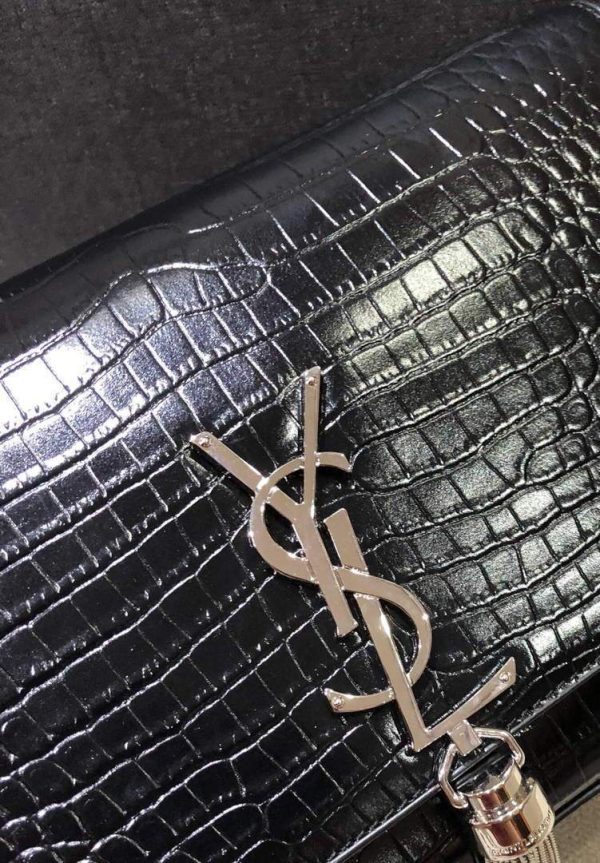 YSL 354119 Kate Medium With Tassel In Embossed Crocodile Shiny Leather Black - luxibagsmall