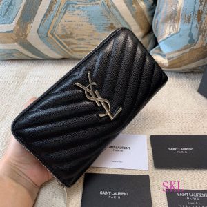 YSL 358094 Yves Saint Laurent Zip Around Wallet Black Silver - luxibagsmall