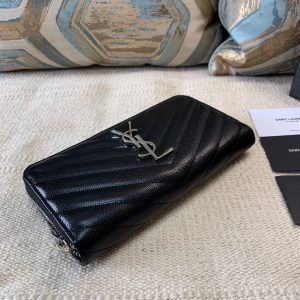 YSL 358094 Yves Saint Laurent Zip Around Wallet Black Silver - luxibagsmall