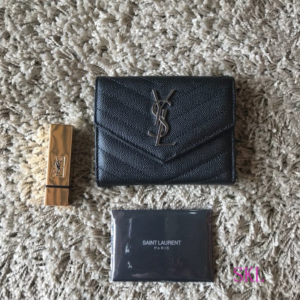 YSL 403943 Yves Saint Laurent Compact Tri-Fold Wallet Black Silver - luxibagsmall