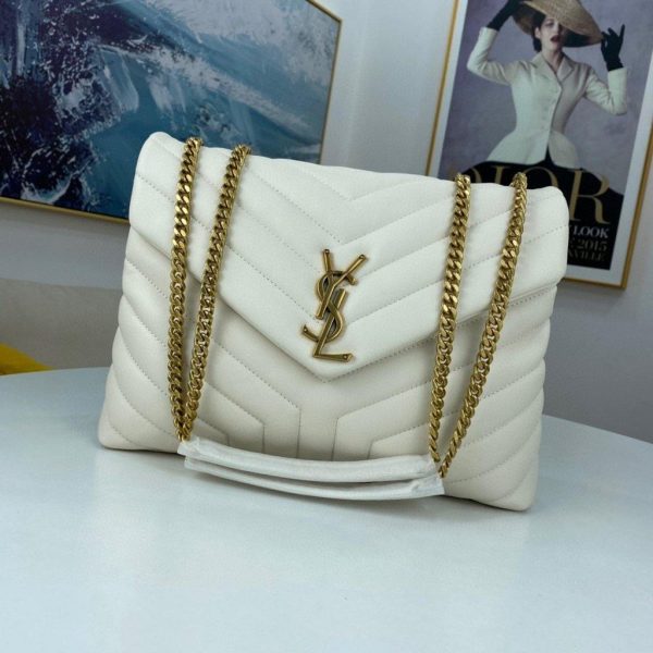 YSL 574946 Saint Laurent Loulou Medium Bag In Y-Quilted Leather White Gold - luxibagsmall