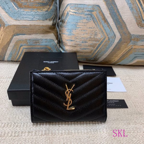 YSL 575974 Yves Saint Laurent Zippered Two Part Wallet Black Gold - luxibagsmall