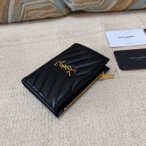 YSL 575974 Yves Saint Laurent Zippered Two Part Wallet Black Gold - luxibagsmall