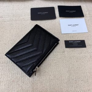 YSL 575974 Yves Saint Laurent Zippered Two Part Wallet Black Silver - luxibagsmall