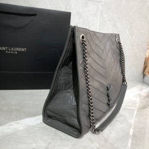 YSL 577999 Saint Laurent YSL Niki Medium Shopping Bag In Crinkled Vintage Leather Gray - luxibagsmall