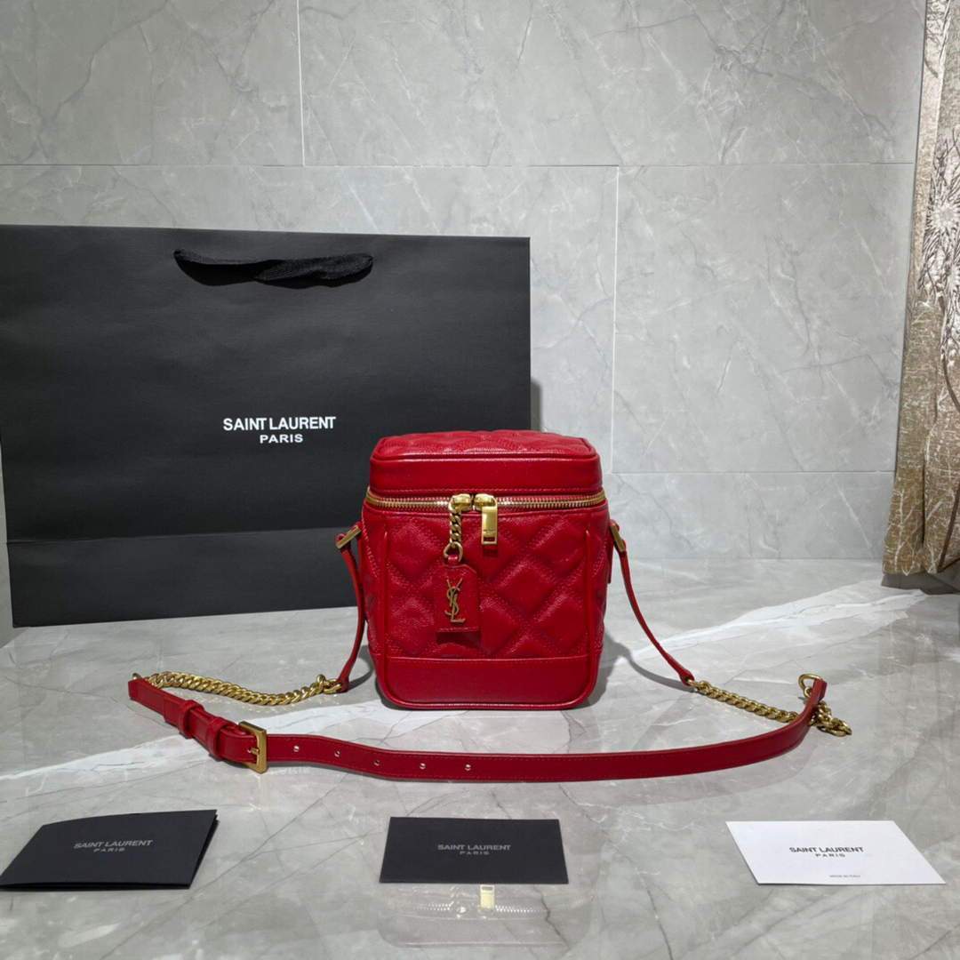 YSL 649779 80's Vanity Bag In Carré-Quilted Grain De Poudre Embossed Leather Red - luxibagsmall