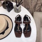 YSL Cassandra Flat Sandals Leather With Monogram Dark Chocolate 30135 - luxibagsmall