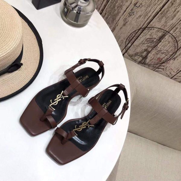 YSL Cassandra Flat Sandals Leather With Monogram Dark Chocolate 30135 - luxibagsmall