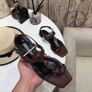 YSL Cassandra Flat Sandals Leather With Monogram Dark Chocolate 30135 - luxibagsmall