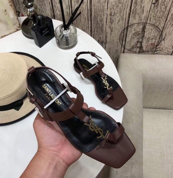 YSL Cassandra Flat Sandals Leather With Monogram Dark Chocolate 30135 - luxibagsmall