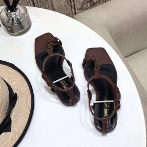 YSL Cassandra Flat Sandals Leather With Monogram Dark Chocolate 30135 - luxibagsmall