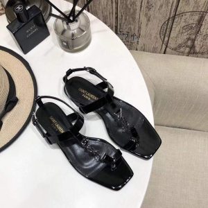 YSL Cassandra Flat Sandals Leather With Monogram Black 30133 - luxibagsmall
