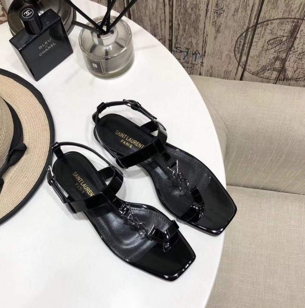 YSL Cassandra Flat Sandals Leather With Monogram Black 30133 - luxibagsmall