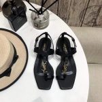 YSL Cassandra Flat Sandals Leather With Monogram Black 30134 - luxibagsmall