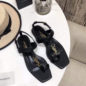 YSL Cassandra Flat Sandals Leather With Monogram Black 30134 - luxibagsmall