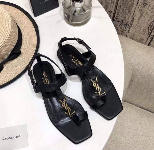 YSL Cassandra Flat Sandals Leather With Monogram Black 30134 - luxibagsmall