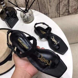 YSL Cassandra Flat Sandals Leather With Monogram Black 30134 - luxibagsmall