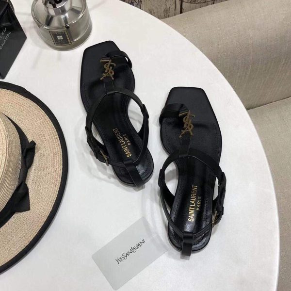 YSL Cassandra Flat Sandals Leather With Monogram Black 30134 - luxibagsmall