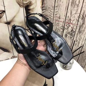 YSL Cassandra Flat Sandals Leather With Monogram Black 30134 - luxibagsmall