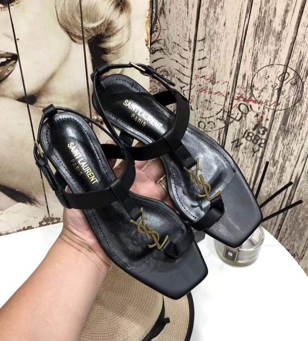 YSL Cassandra Flat Sandals Leather With Monogram Black 30134 - luxibagsmall