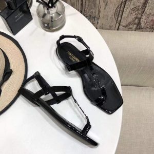 YSL Cassandra Flat Sandals Leather With Monogram Black 30133 - luxibagsmall