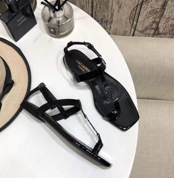 YSL Cassandra Flat Sandals Leather With Monogram Black 30133 - luxibagsmall