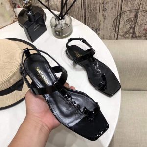 YSL Cassandra Flat Sandals Leather With Monogram Black 30133 - luxibagsmall