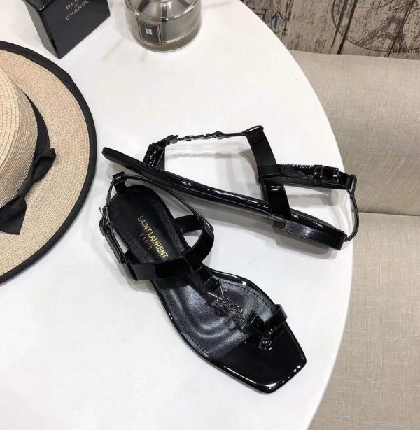 YSL Cassandra Flat Sandals Leather With Monogram Black 30133 - luxibagsmall