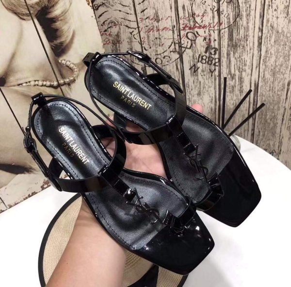 YSL Cassandra Flat Sandals Leather With Monogram Black 30133 - luxibagsmall