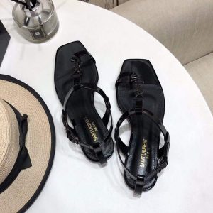 YSL Cassandra Flat Sandals Leather With Monogram Black 30133 - luxibagsmall