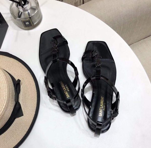 YSL Cassandra Flat Sandals Leather With Monogram Black 30133 - luxibagsmall