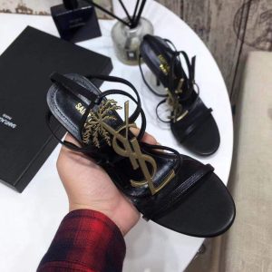 YSL Cassandra Sandals Leather With Monogram Black 30129 - luxibagsmall