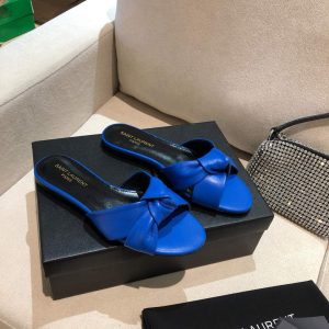 Yves Saint Laurent Bianca Flat Mules In Smooth Leather Blue 30152 - luxibagsmall