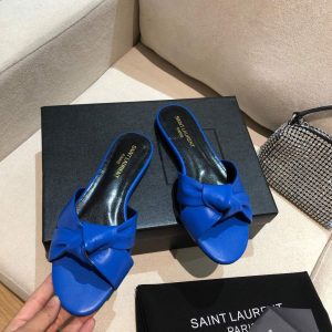 Yves Saint Laurent Bianca Flat Mules In Smooth Leather Blue 30152 - luxibagsmall