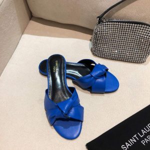 Yves Saint Laurent Bianca Flat Mules In Smooth Leather Blue 30152 - luxibagsmall