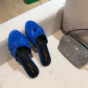 Yves Saint Laurent Bianca Flat Mules In Smooth Leather Blue 30152 - luxibagsmall