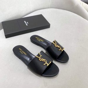 Yves Saint Laurent Flat Sandals Leather With Monogram Black 30157 - luxibagsmall