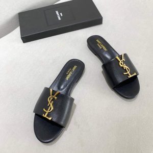 Yves Saint Laurent Flat Sandals Leather With Monogram Black 30157 - luxibagsmall