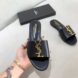 Yves Saint Laurent Flat Sandals Leather With Monogram Black 30157 - luxibagsmall