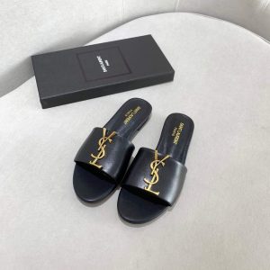 Yves Saint Laurent Flat Sandals Leather With Monogram Black 30157 - luxibagsmall