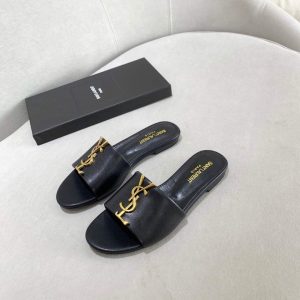 Yves Saint Laurent Flat Sandals Leather With Monogram Black 30157 - luxibagsmall