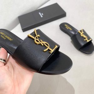 Yves Saint Laurent Flat Sandals Leather With Monogram Black 30157 - luxibagsmall