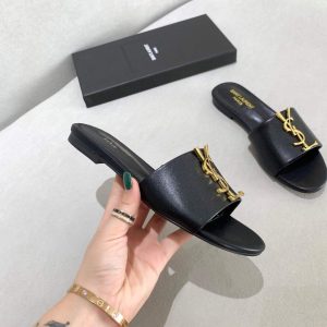 Yves Saint Laurent Flat Sandals Leather With Monogram Black 30157 - luxibagsmall